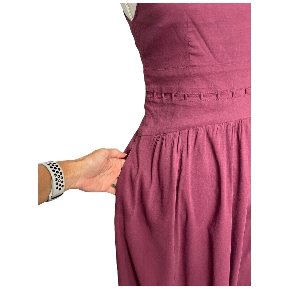 Theory Linen Spaghetti Strap V Neck Fit Flare Lattice Pockets Dress Plum 2 - Picture 13 of 13